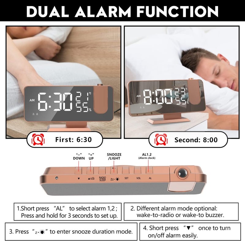 Mightree Projection Alarm Clock for Bedroom, Digital Alarm Clock with USB Charger, 7.4" Large LED Mirror Display Radio Alarm Clock, Dual Smart Alarm with Projection on Ceiling, Rose Gold - Image 4